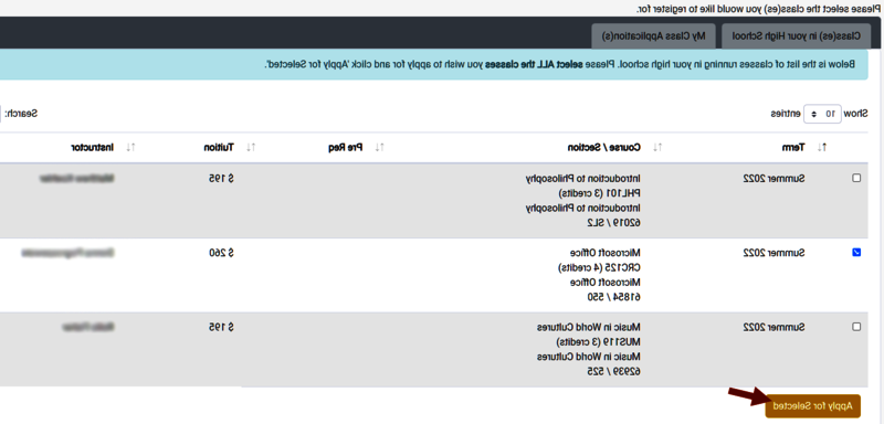 Screenshot of the College Now Portal showing a sample of available courses